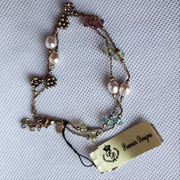 Premier Designs Brand Dual Chain Bracelet Gold Tone Glass Pearls Punk Green NWT - Picture 1 of 9